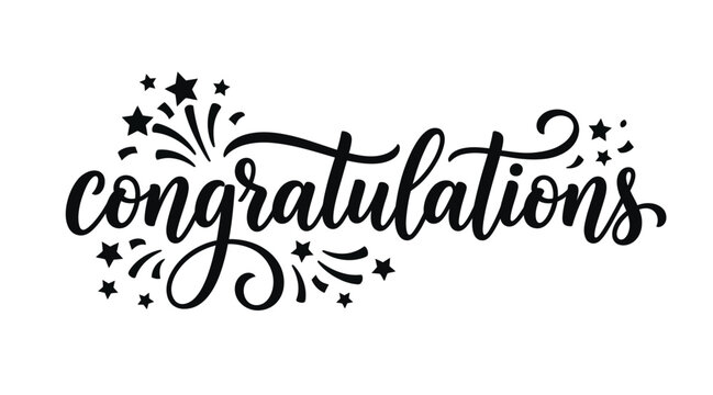 Calligraphic congratulations lettering with stars and flourishes a black and white vector illustration