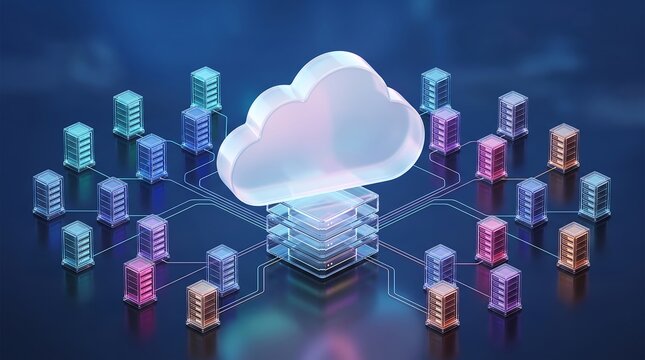 Cloud computing data center network with a central glowing cloud icon connected to multiple server rack nodes representing distributed computing and scalable infrastructure security