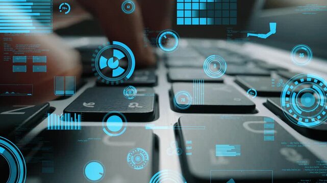 A close-up image showcasing hands typing on a keyboard, enhanced by floating digital graphics and data visualization elements, ideal for technology and workspace themes. Xenic