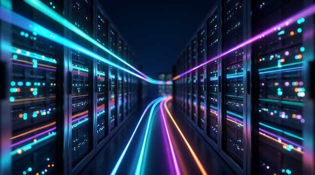 Data center server corridor with fast glowing light streaks representing high speed network transmission and fiber optic communication flow in a futuristic digital infrastructure facility
