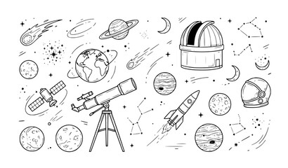 Space and Astronomy Line Icon Set, Galaxy Outline Icons with Comet, Planet, Observatory, Telescope and Rocket Symbols © Mdyounus