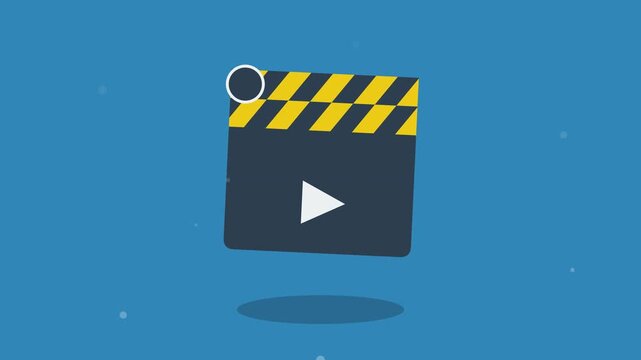 Animated film clapperboard icon with play button and yellow stripes on blue background