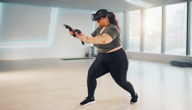 Woman engaging in virtual reality fitness, enjoying an immersive workout experience in a bright studio