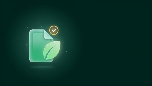 A 3d green document icon with a leaf symbol and checkmark floating on a dark background with background representing eco eco friendly certification