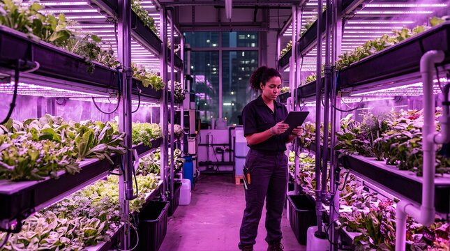 Female botanist using tablet in vertical indoor hydroponic farm