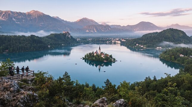 Breathtaking panoramic view of Lake Bled, Slovenia, with its iconic island church, traditional pletna boats, and majestic Julian Alps in soft morning light.