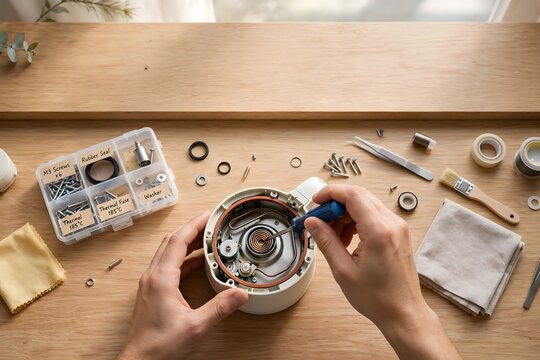 AI illustration of hands repairing electric kettle with tools on wooden workbench, right to repair and sustainable consumption concept