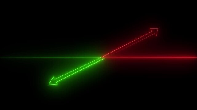 Glowing red double sided arrow crossing a green horizontal line on a black background representing direction, strategic choices, and intersection.