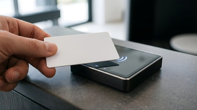 Hand holding a blank plastic access card near a digital reader scanner