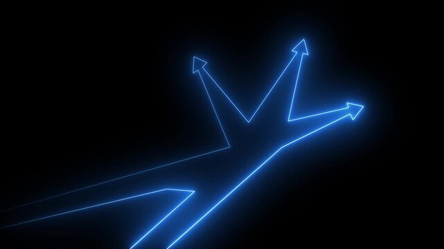 Glowing blue neon branching arrows on a black background representing choices, decisions, and directional paths.