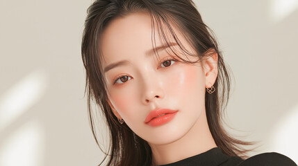 Fototapeta premium 美容, 女性, スキンケア, 化粧品, ビューティー, 若い女性, 美肌, 日本人, アジア人, フェイシャル, メイク, 美容液, 保湿, クリーム, エイジングケア, 美容医療, エステ, 美容クリニック, 肌ケア, ナチュラルメイク, 透明感, ツヤ肌, モデル, 笑顔, ポートレート, クローズアップ, リラックス, 癒し, 健康的, 美白, コラーゲン, ヒアルロン酸, アンチエイジング