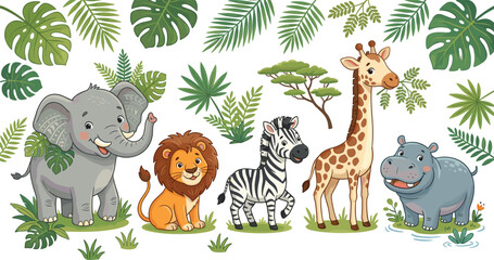 Obraz premium Cute Safari Animals Clipart Set Featuring Cartoon Elephant Lion Zebra Giraffe and Hippo with Tropical Jungle Monstera Leaves Vector Graphic Illustration