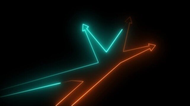 Glowing cyan and orange neon branching arrows on a black background representing choices and decisions.