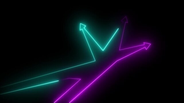 Glowing cyan and purple neon branching arrows on a black background representing choices and decisions.