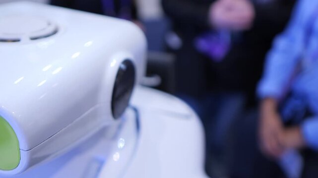 Close-up of white robotic head with camera lens. Blurred background shows people at event. Robot has green light and circular sensor. Focus on robot's facial features