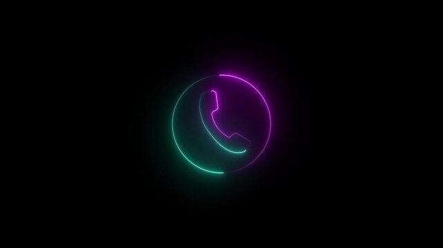 Glowing purple and cyan neon phone icon inside a circle on black background for communication, customer support, and hotline contact.