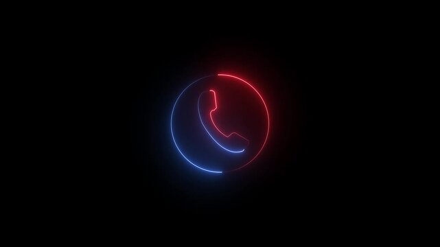 Glowing red and blue neon phone icon inside a circle on black background for communication, customer support, and hotline contact.