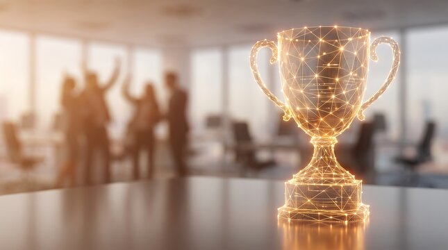 Abstract glowing wireframe trophy representing business excellence and success on desk with blurred corporate team celebrating in background during office meeting