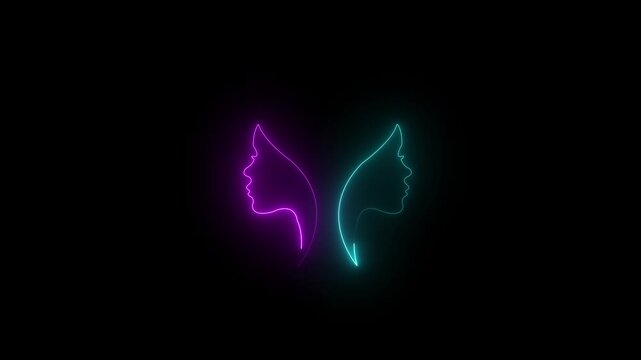 Glowing purple and cyan neon outlines of two female profiles facing away from each other on a solid black background.