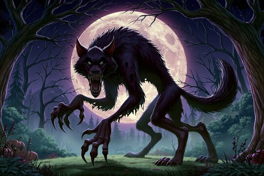 Shadowy werewolf character with elongated claws and a torn coat snarling under a full moon night