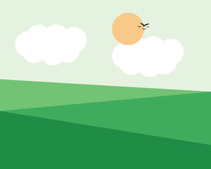 Obraz premium Abstract minimalist landscape with sun, mountains, and flying birds, horizontal wall art background