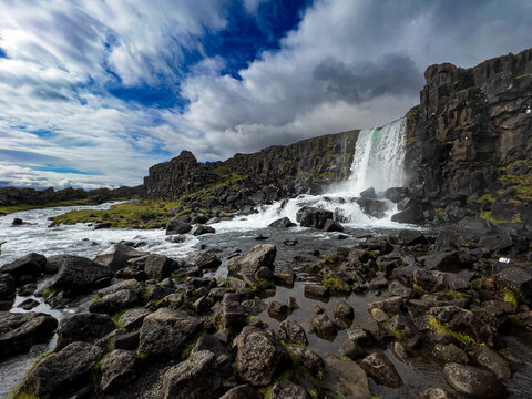 A waterfall in the &THORN;ingvellir (Thingvellir) National Park in southern Iceland, the site of the annual parliament of Iceland from the year 930.