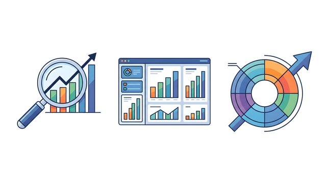 Clean vector financial charts and graphs with magnifying glass showing growth