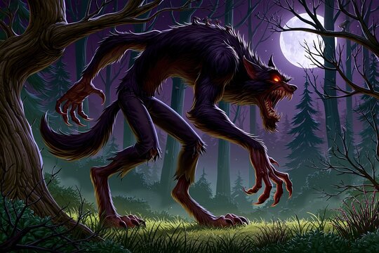 Shadowy werewolf character with elongated claws and a torn coat snarling in a dark forest at night