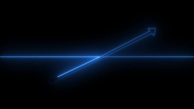 Glowing blue double sided arrow crossing a blue horizontal line on a black background representing direction, strategic choices, and intersection.