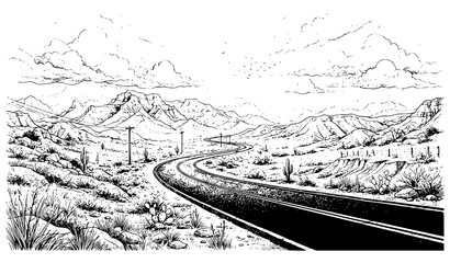Obraz premium Desert Highway Line Illustration Scene, Mountain Road Outline Drawing with Cactus Power Lines and Desert Landscape Design