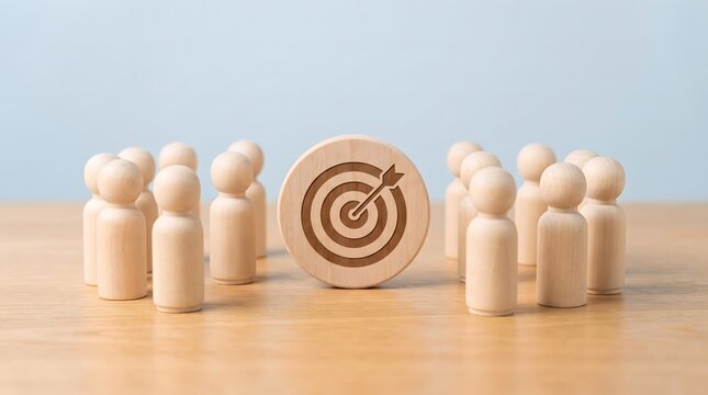 Strategic focus and collaborative teamwork wooden figures surrounding a target representing shared goals and unified effort in a business environment