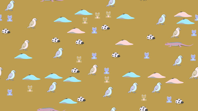 Pattern with Birds, Frogs, Ladybugs, and Lizards