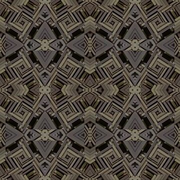 46 second Natural wicker motif kaleidoscope animation with interwoven geometric patterns in earthy beige and brown tones, looping seamlessly against a transparent background.