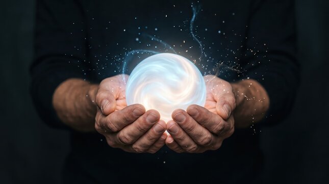 Mystical glowing energy sphere held in cupped hands against dark background, symbolizing magic power hope spirituality and holding the future or universe in your palms