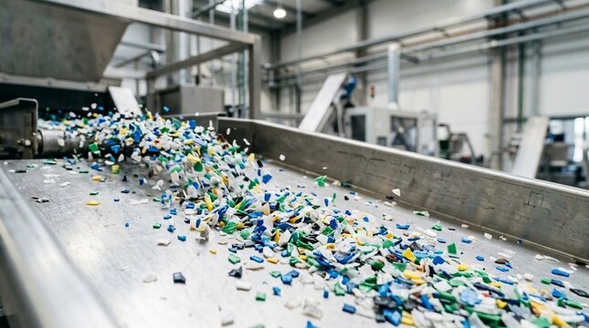 Colorful shredded plastic materials moving on a conveyor belt at a recycling factory for reprocessing and sustainability.