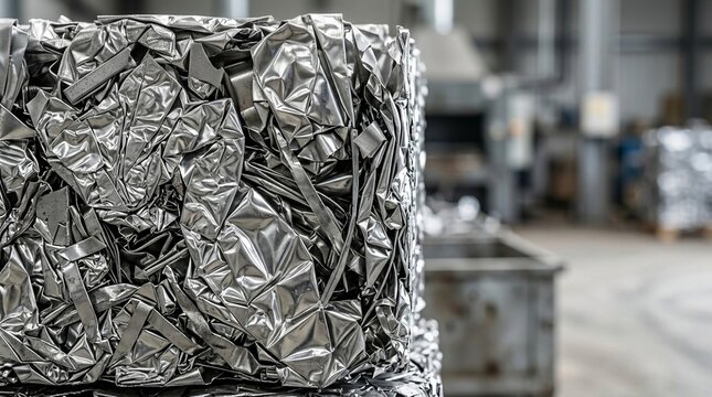 Compressed Aluminum Foil Scraps in an Industrial Recycling Facility