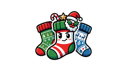 Fototapeta premium HappyCartoonChristmasStockingsWithFriendlyCharacters.