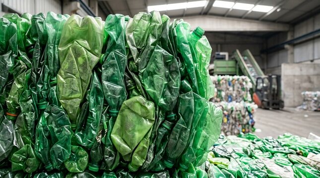 Crushed green plastic bottles forming a large pile for recycling at a processing facility