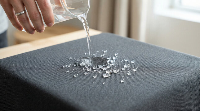 Water repellent fabric demonstration showing water beading on surface