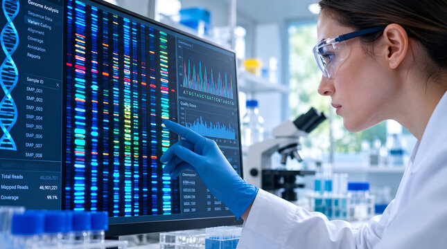 Female scientist analyzing DNA sequencing data on a computer monitor in a modern research laboratory