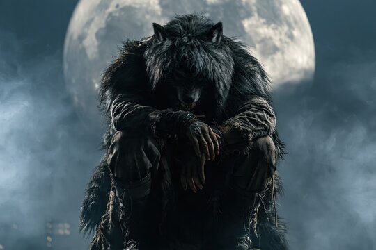 Gothic werewolf costume with a textured fur hood and rugged clothing under a full moon at night