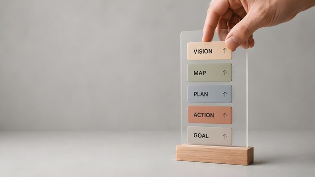 Hand placing a vision block on a glass display stand with business stages