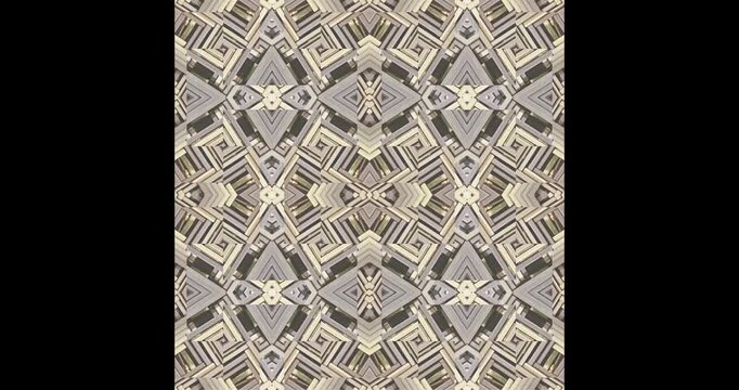 40 second Natural wicker motif kaleidoscope animation with interwoven geometric patterns in earthy beige and brown tones, looping seamlessly against a transparent background.