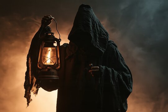 Grim reaper figure in a dark hooded cloak holding a glowing antique lantern for Halloween night