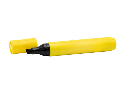 Yellow chisel tip highlighter marker pen with open cap isolated for office school supplies stationary stock assets.