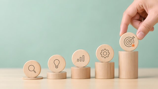 Hand placing target icon on wooden cylinders representing business growth steps