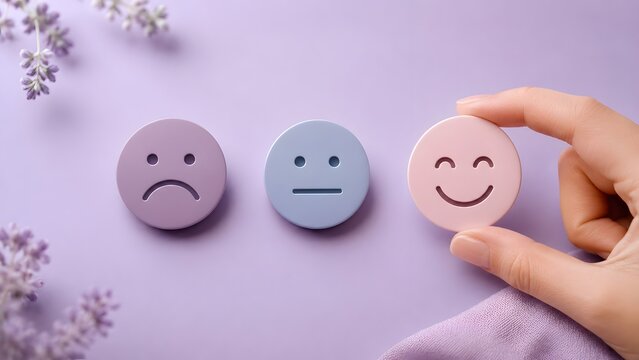 Hand holding pink smiley face disc in customer satisfaction rating survey