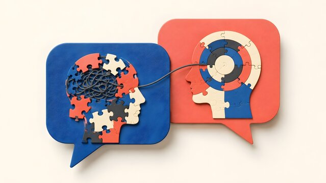 3D human heads made of jigsaw puzzles connected with a wire symbolizing communication and psychology