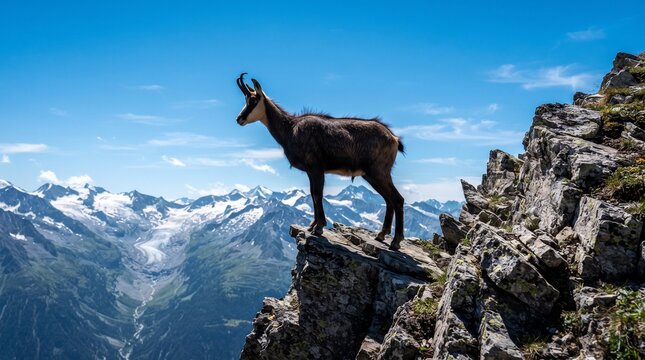 A wild chamois stands proudly on a rocky outcrop, surveying the majestic snow-capped mountains and a vast blue sky under bright daylight.