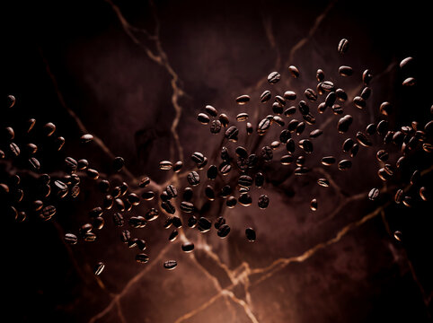 Roasted coffee beans floating in midair against a dark background